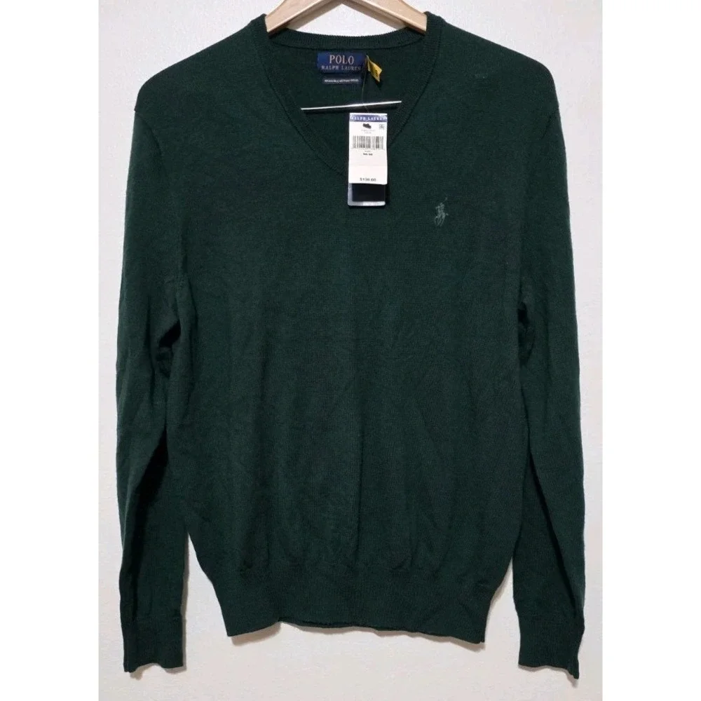 NWT Polo Ralph Lauren Sweater Washable Merino Wool V-Neck Green Sz M Long Sleeve